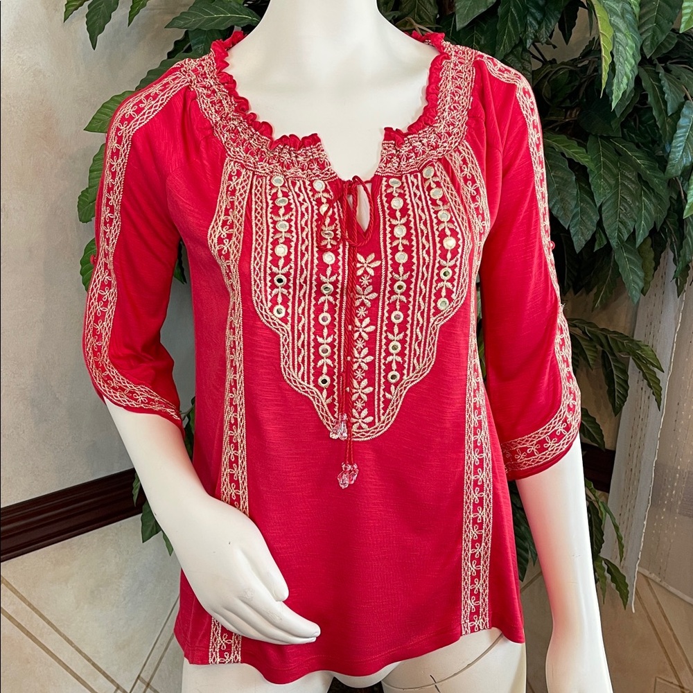 INC RED SPLIT SLEEVE EMBELLISHED TOP
